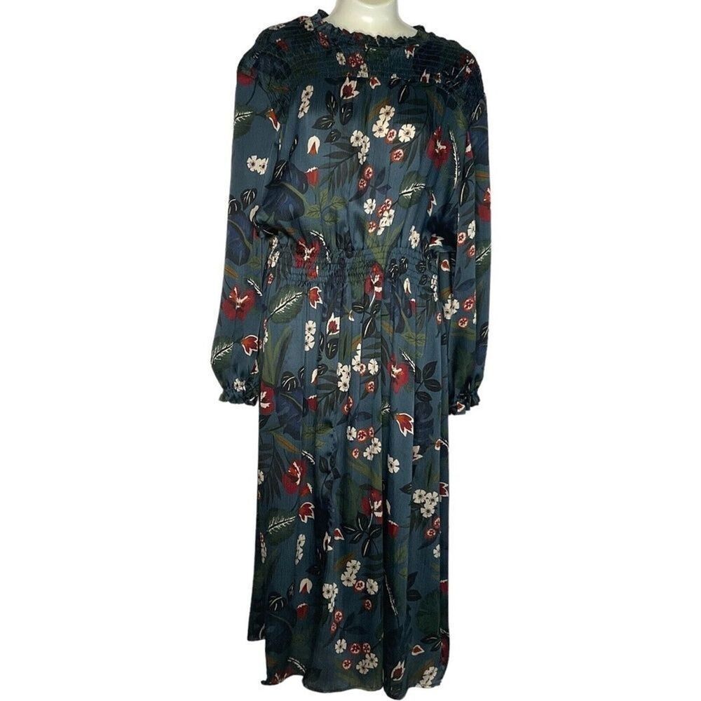 Zara Floral Smocked Shoulders Retro Waist Crinkle Midi Dress Women Size L Teal